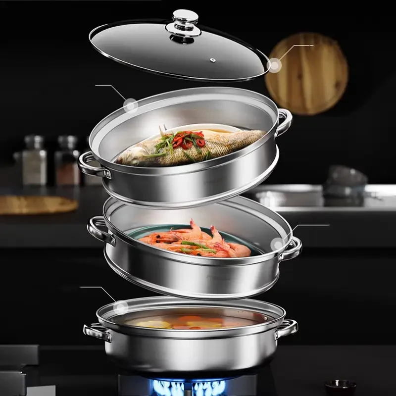Versatile 3-Tier Stainless Steel Steamer with Clear Lid