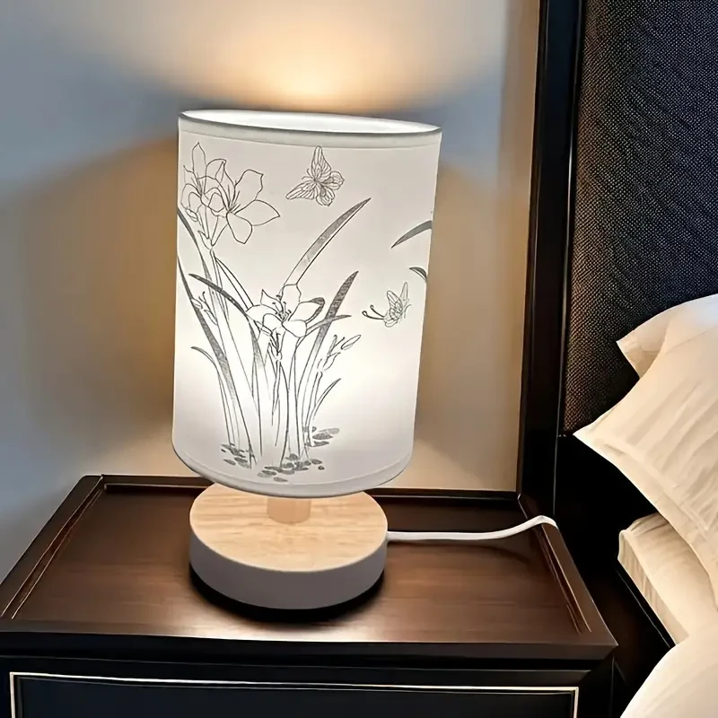 "Contemporary Light" Modern LED Table Lamp with Sisal Orchid Design - Adjustable Brightness & Solid Wood Base in 3 Colors, USB Powered