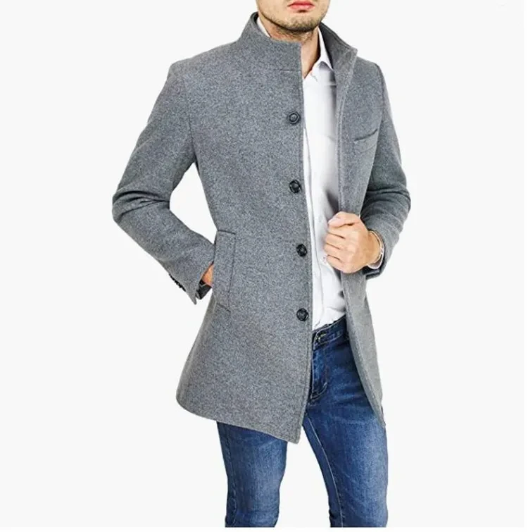 Woolen Coat Stand Collar Coat And Trench Coat Gray