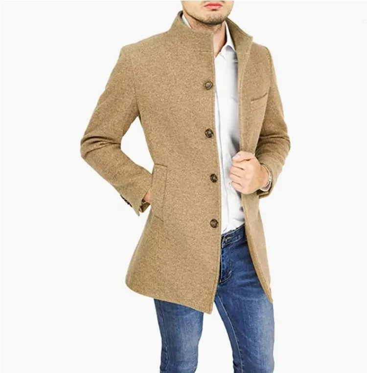 Woolen Coat Stand Collar Coat And Trench Coat Khaki