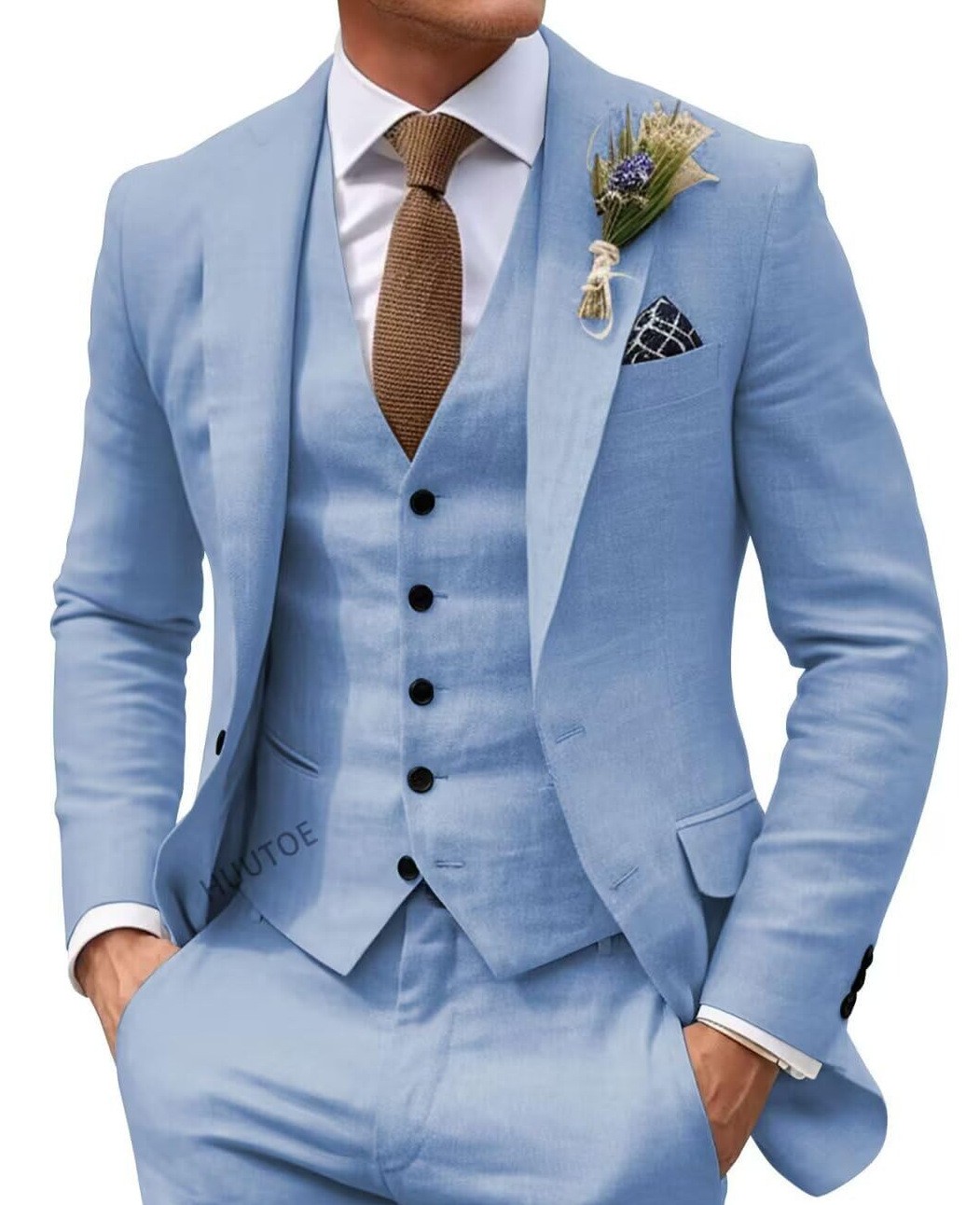 Men's Solid Color Business Jacket Vest Pants Set Sky Blue