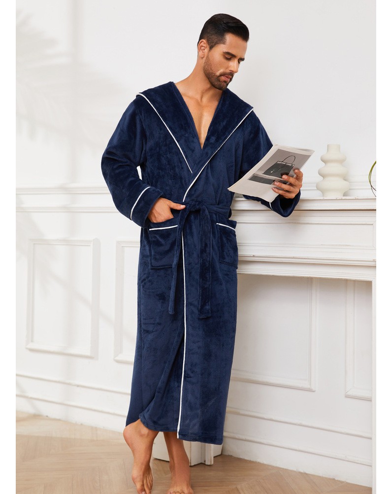 Fashion Men's Flannel Bathrobe Pajamas Women Navy Blue