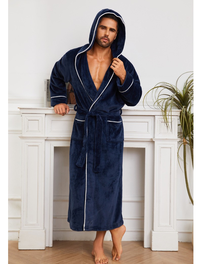 Fashion Men's Flannel Bathrobe Pajamas Women Navy Blue