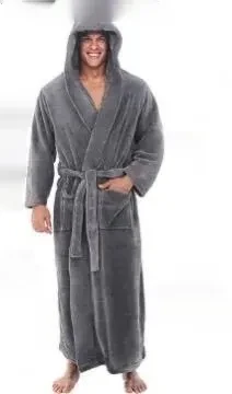 Warm Men's Plus Size Thick Hooded Long Sleeve Nightgown Gray