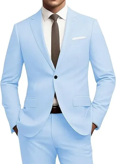 Men's Versatile Solid Color Business Jacket Long Pants Set Blue