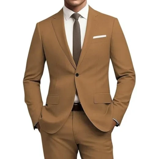 Men's Versatile Solid Color Business Jacket Long Pants Set Brown
