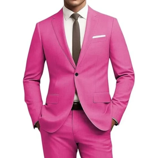 Men's Versatile Solid Color Business Jacket Long Pants Set Rose red