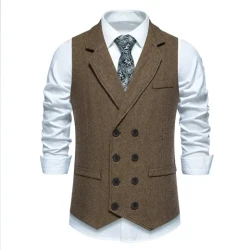 Men's Herringbone Tweed Suit Vest Retro Lapels Double Breasted Vest Brown