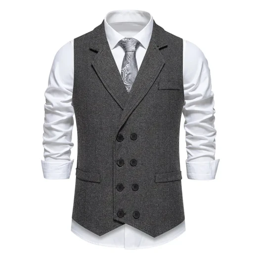 Men's Herringbone Tweed Suit Vest Retro Lapels Double Breasted Vest Dark Gray