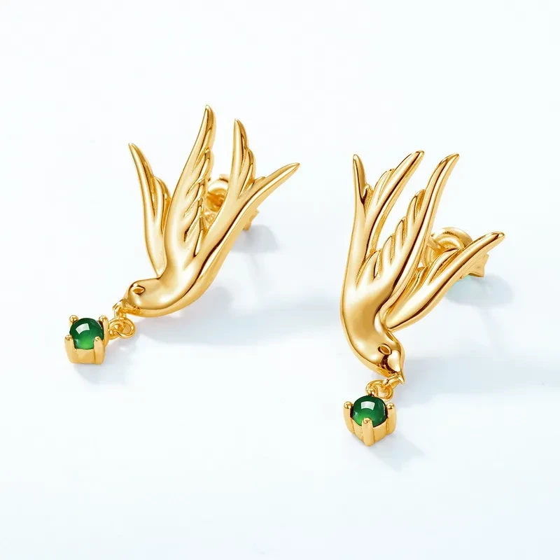 Swallow Earrings S925 Silver Plated Inlaid Green Jade Earrings