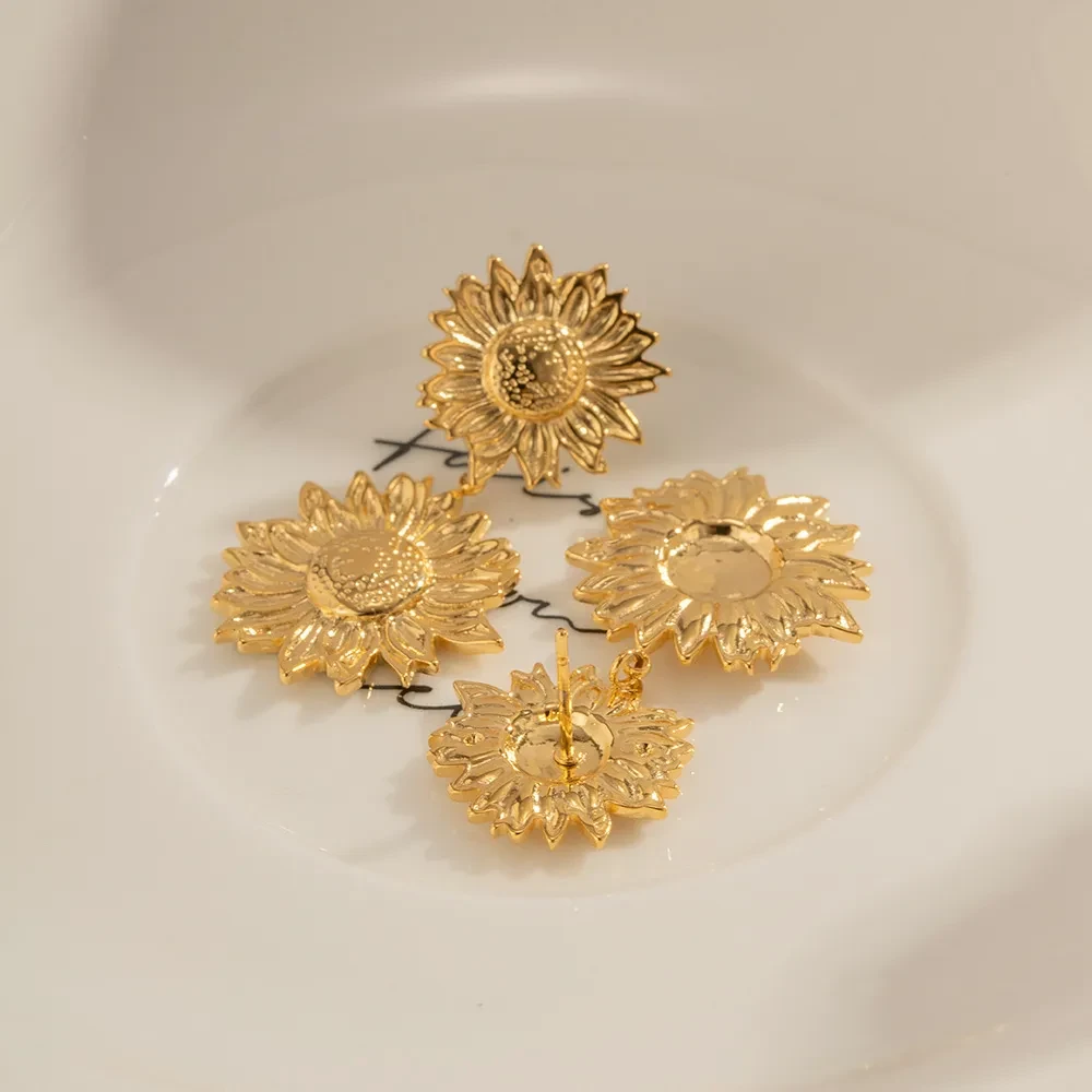 Gold Earrings Vintage Metal Sunflower