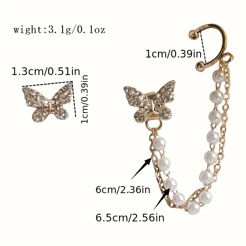 Butterfly & Pearl Chain Tassel Earring Set | 1 Pair Gold-Tone Micro-Pave Butterfly Stud with Double Pearl Ear Clip | Fairycore Valentines Day Jewelry for Girls