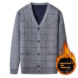 Middle-aged And Elderly Men's Sweater Cardigan Autumn And Winter Dad Wear Light Gray With Velvet