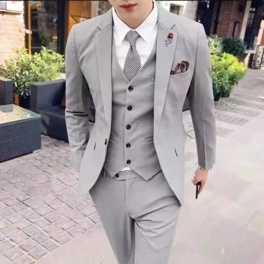 Suit Set Three-piece Set Men's Korean Style Slim Fit Business Gray