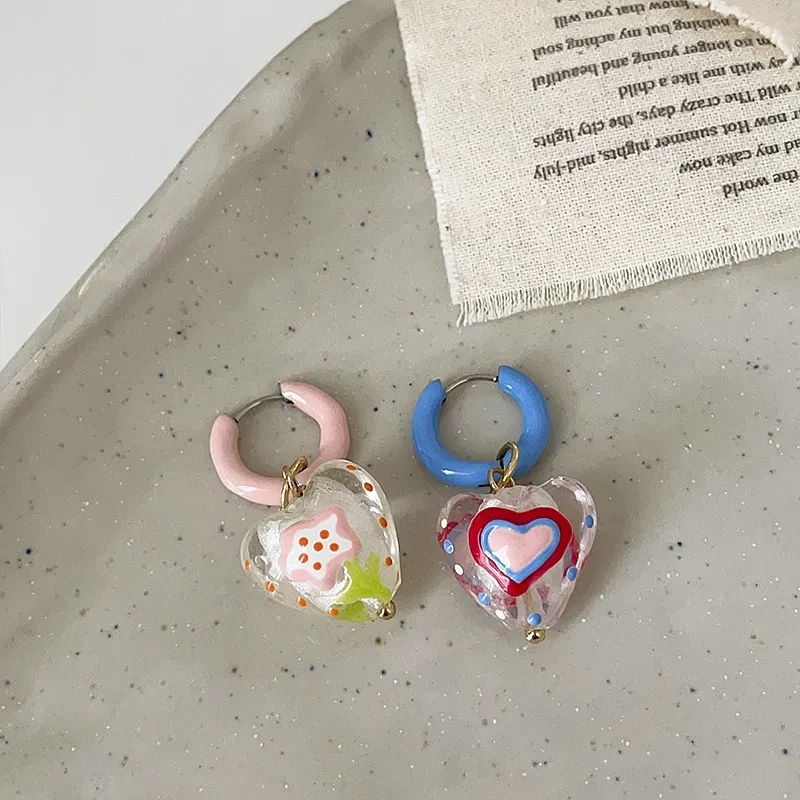 Asymmetric Design Dripping Transparent Heart-shaped Earrings