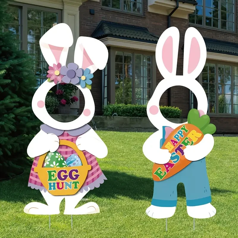 2pcs Easter Bunny Yard Signs with Stakes