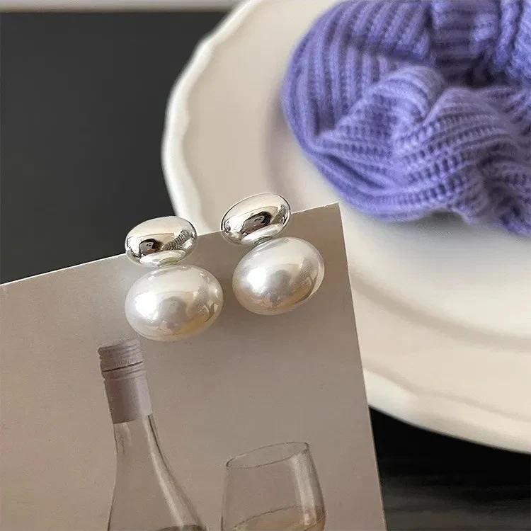 S925 Sterling Silver Oval Sliver Beads Artificial Pearl Earrings Women