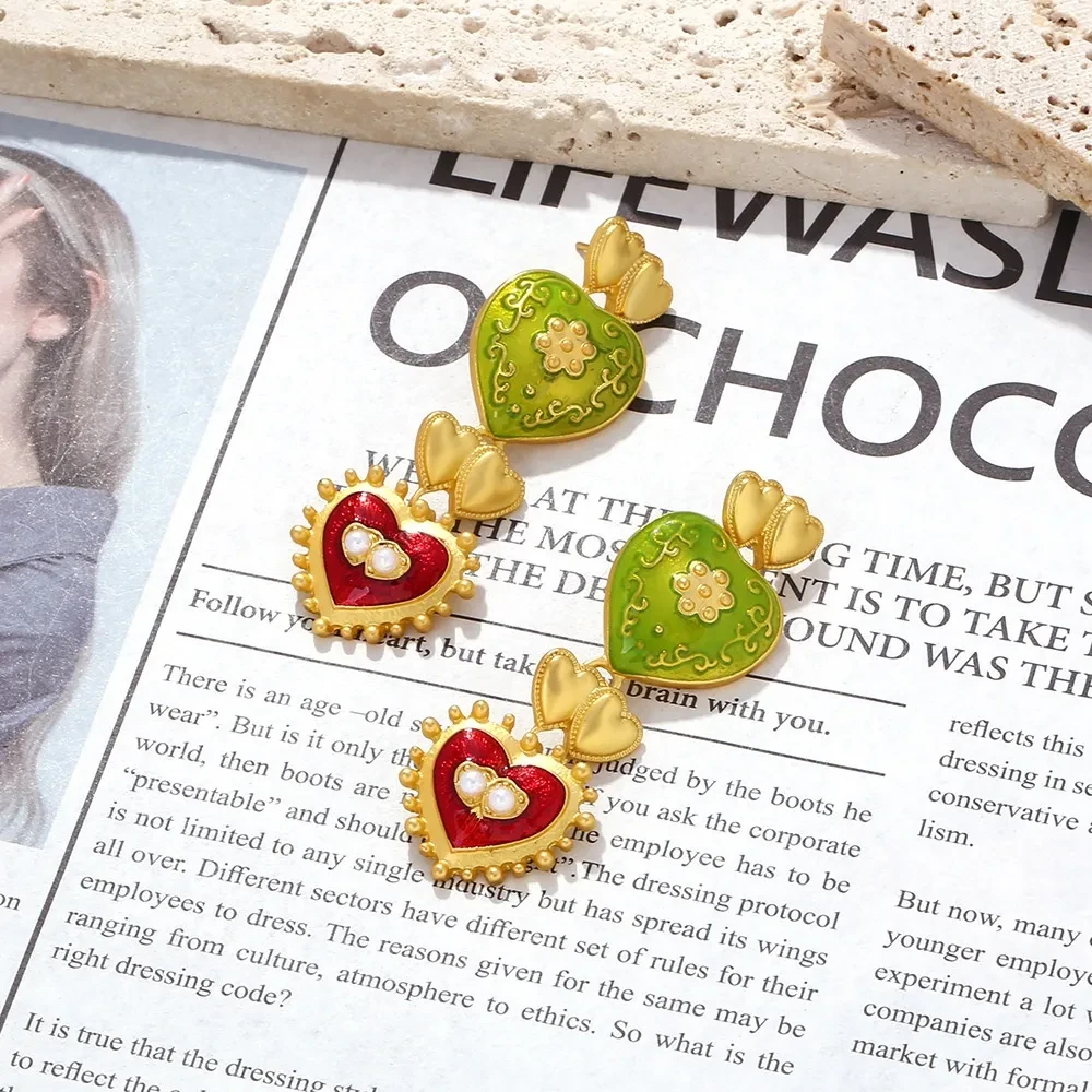 Middle Ancient Palace Style Diamond Drop Oil Heart Earrings