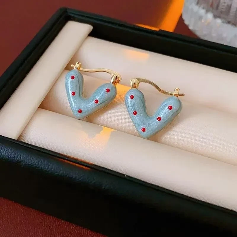 Red Polka Dot Blue Loving Heart Ear Clip Sweet Drip Glazed