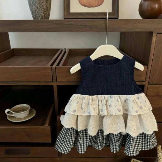 Sleeveless Vest Plaid Stitching Denim Skirt Bandage Dress Cake Dress