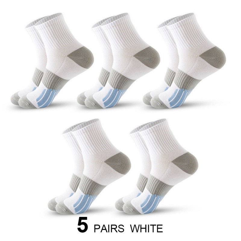 Men's Middle Tube Socks Color Matching Sports Basketball Socks 5 Pairs Of White