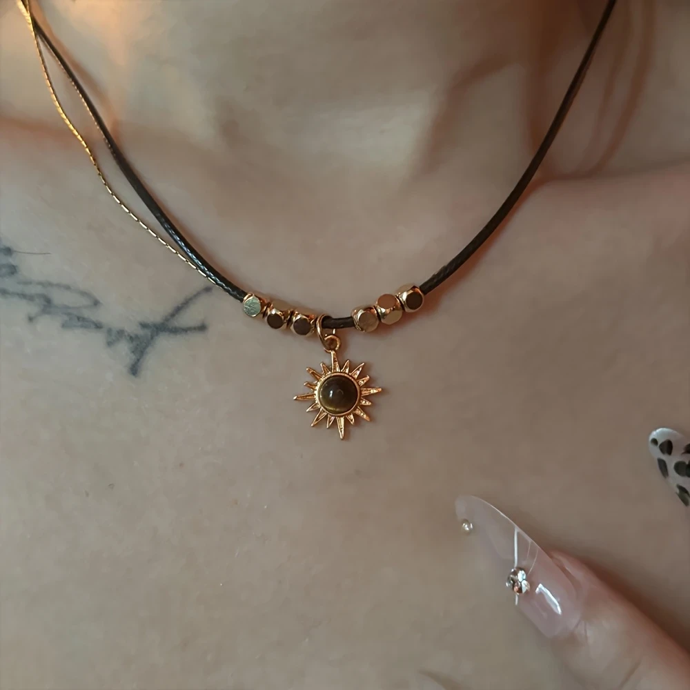 Boho-Chic Starburst Pendant Necklace | Vintage Alloy with Cat's Eye & Tiger's Eye Stones, Gold-Plated, Perfect for Daily Wear & Lunar New Year Gift