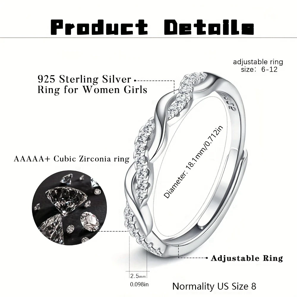 925 Sterling Silver Adjustable Eternity Ring | Cubic Zirconia Crossover DesiAdjustable Thumb Ring for Women & Girls