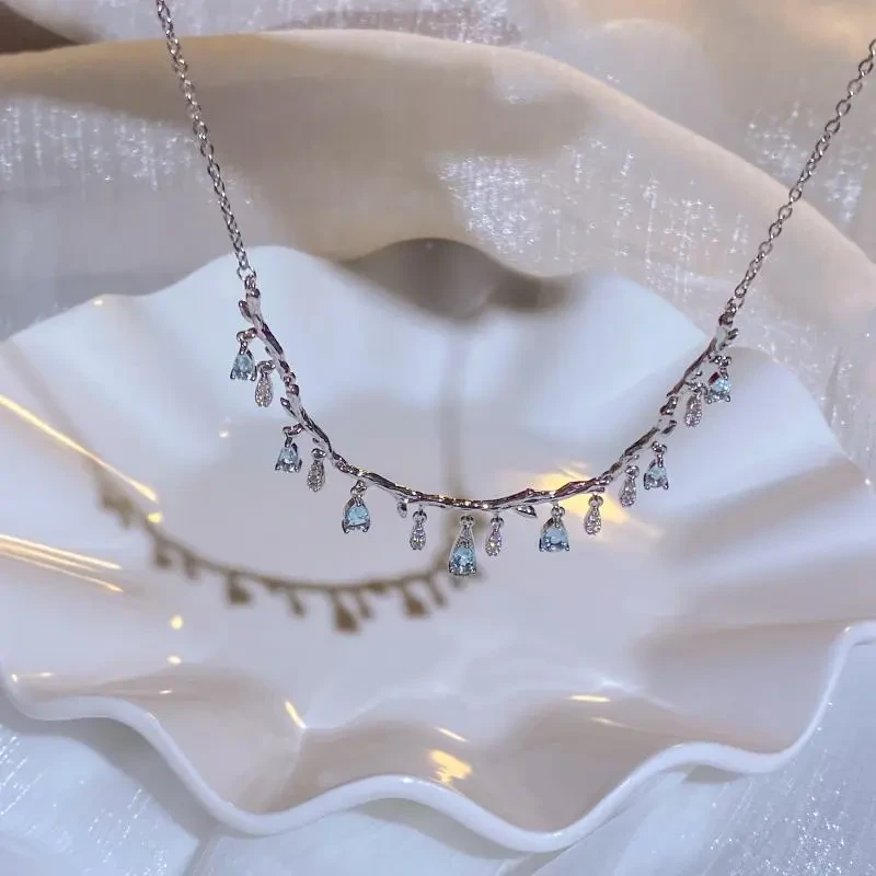 Silver Water Drop Blue Zircon Pendant