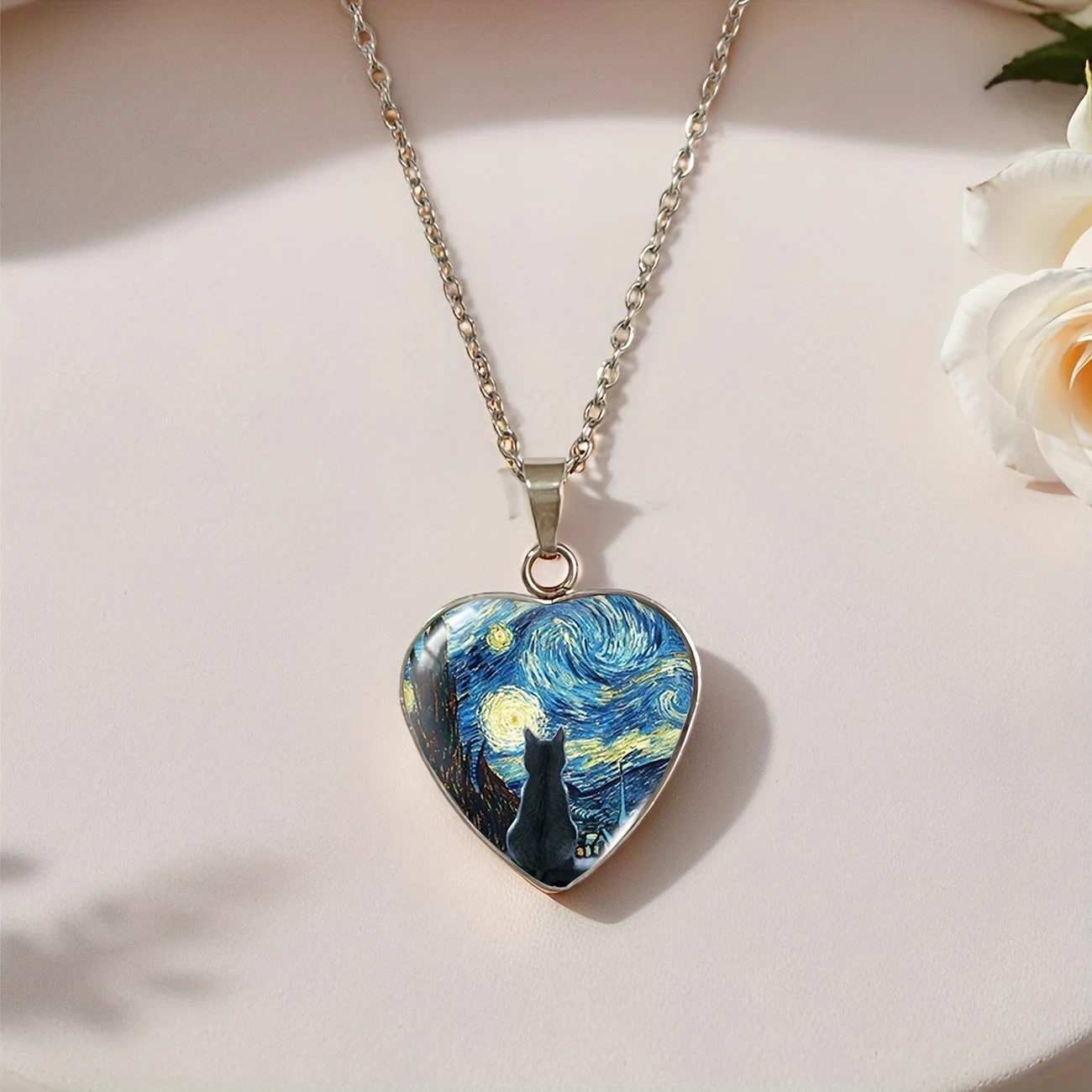JWEIJIAO Starry Night Black Cat Heart-Shaped Pendant Necklace  Bohemian Style Stainless Steel Jewelry with Van Gogh Art Design, Perfect Birthday Gift for Men & Women