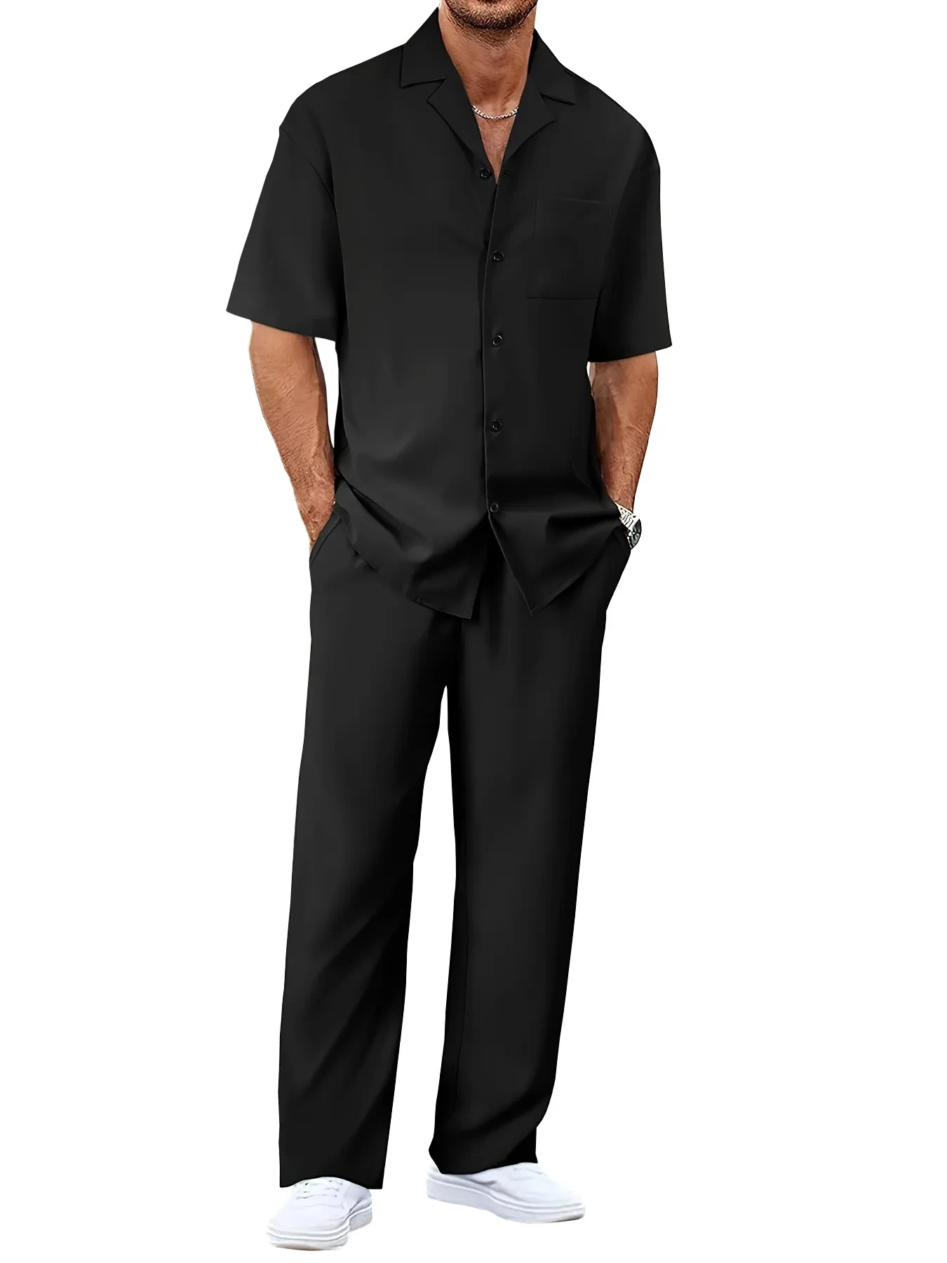 Men's Trousers Suit Fashion Lapel Button Short Sleeve Shirt And Pocket Straight Pants Clothing