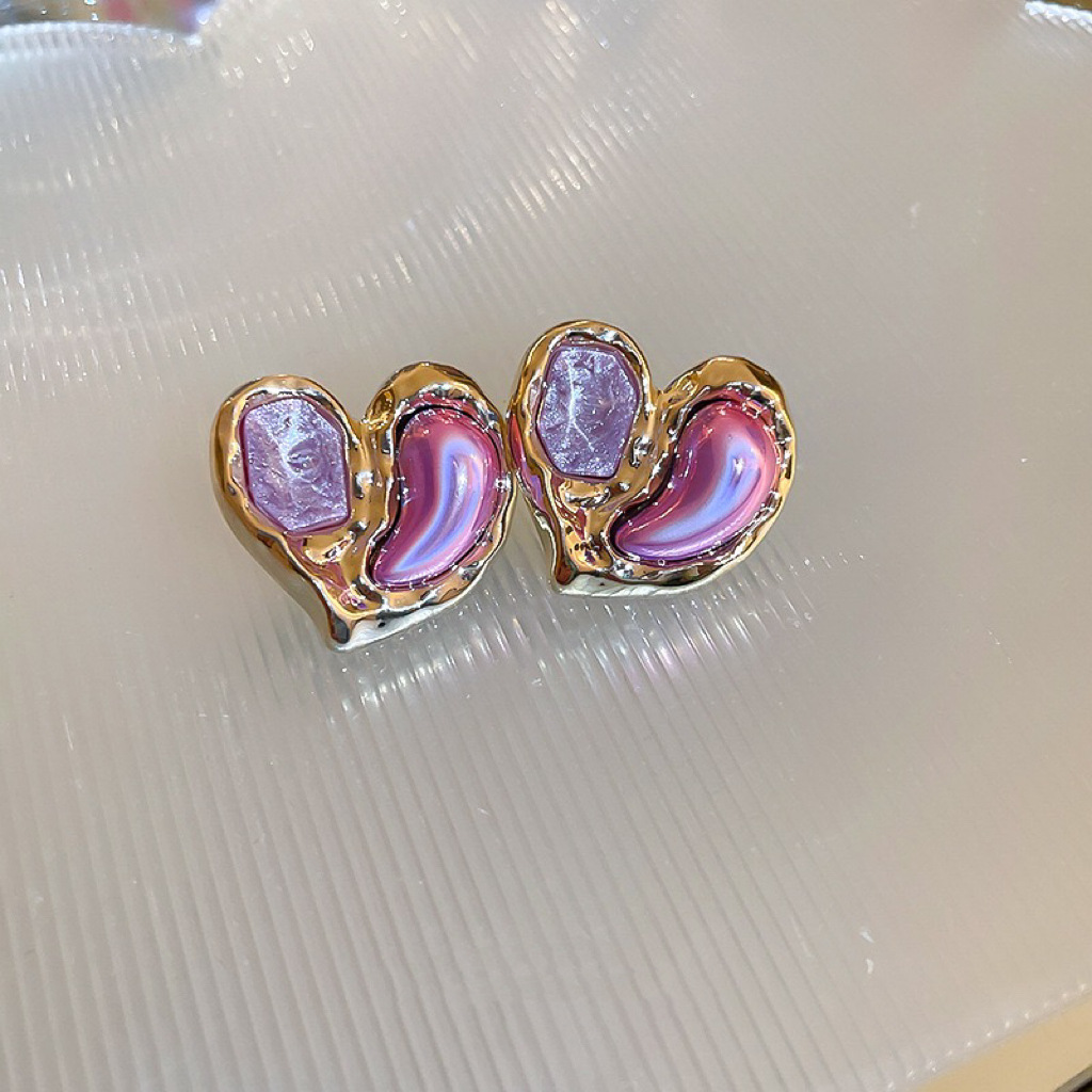 Glacier Blue Green French Retro Resin Love Metal Earrings