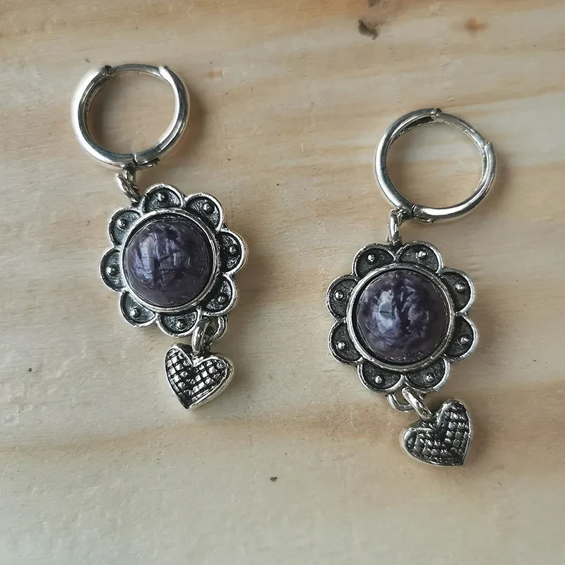 Vintage Round Purple Natural Stone National Style Earrings