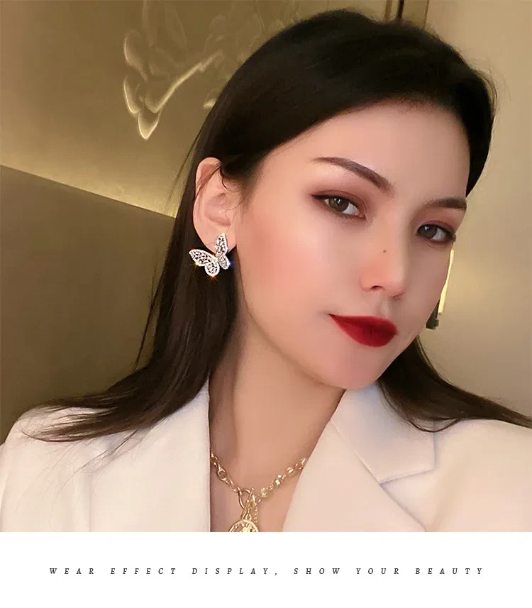 Silver Stud Rhinestone-encrusted Zircon Butterfly Studs