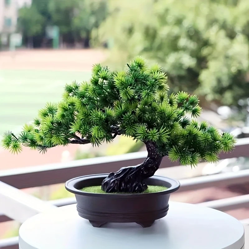 9.5" Artificial Pine Bonsai Tree in Black Pot  Lifelike Indoor Zen Decor for Home, Bathroom, Bookshelf, or Farmhouse Style, Zen Home Decor