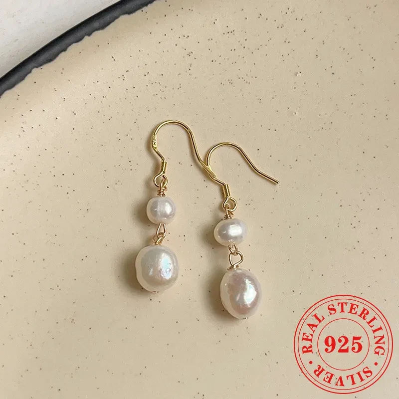 Natural Freshwater Pearl 925 Silver Needle Female Vintage Handmade Temperament Baroque Eardrop Earring