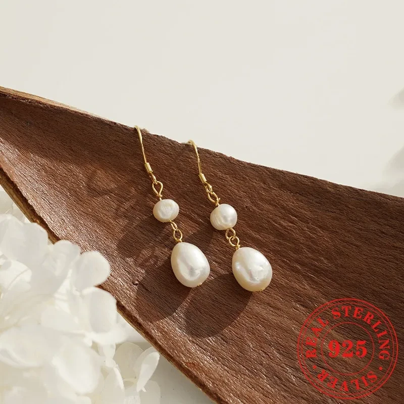 Natural Freshwater Pearl 925 Silver Needle Female Vintage Handmade Temperament Baroque Eardrop Earring