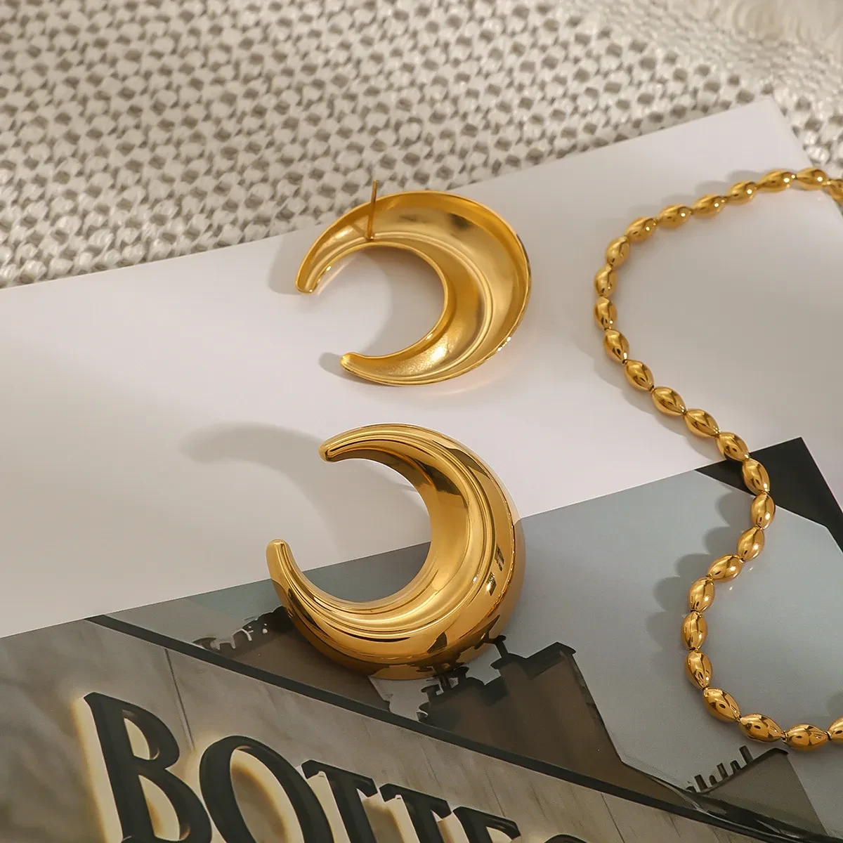 Stainless Steel Gold Earrings Titanium Steel Moon Studs