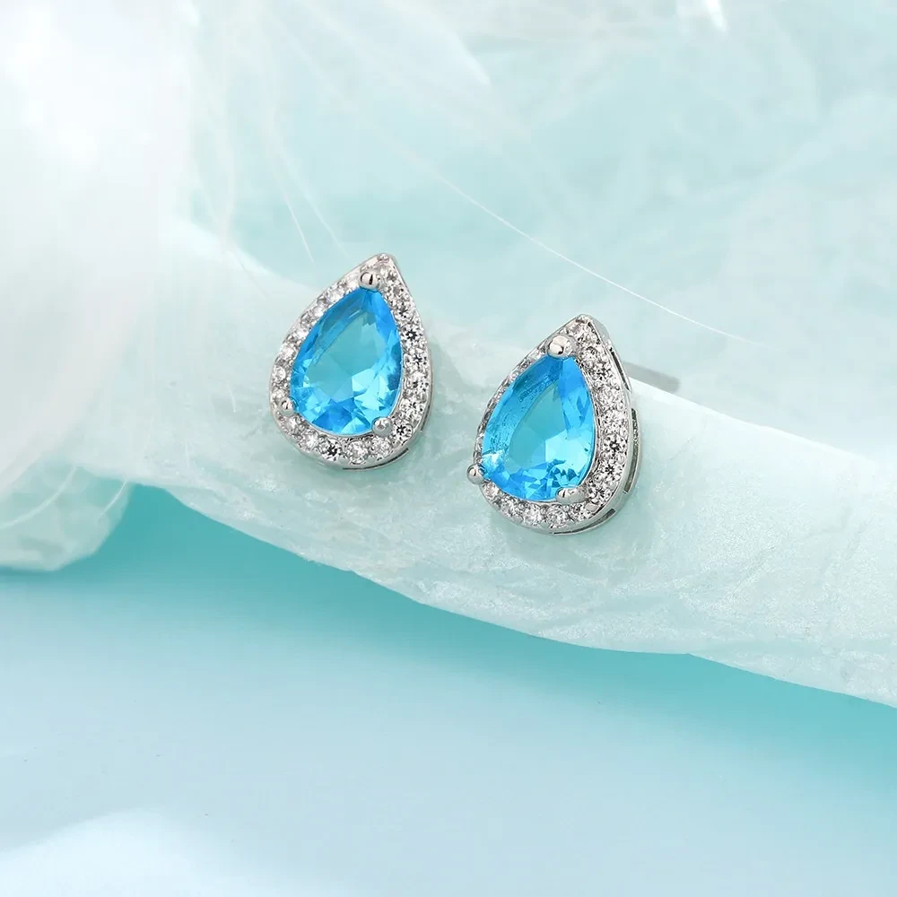 Super Flash Blue Water Drop Ear Studs French Elegance