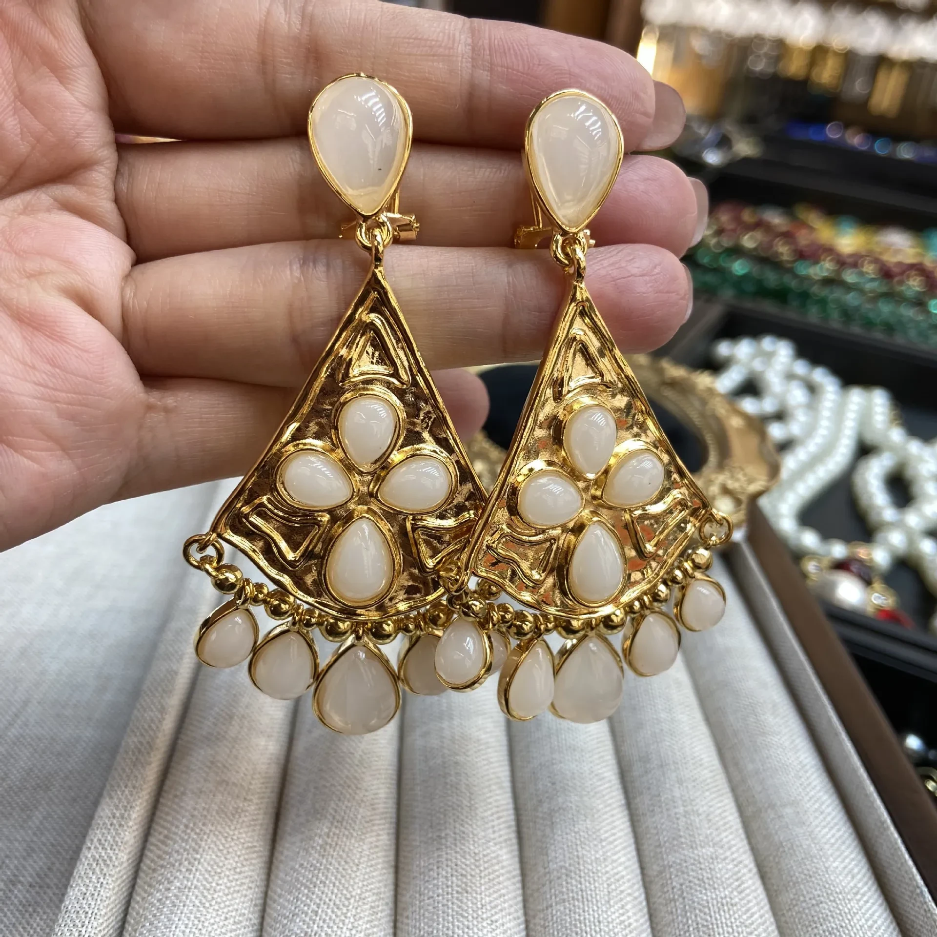 Fan-shaped White Jade Tassel Earrings Water Drop Long Ear Studs