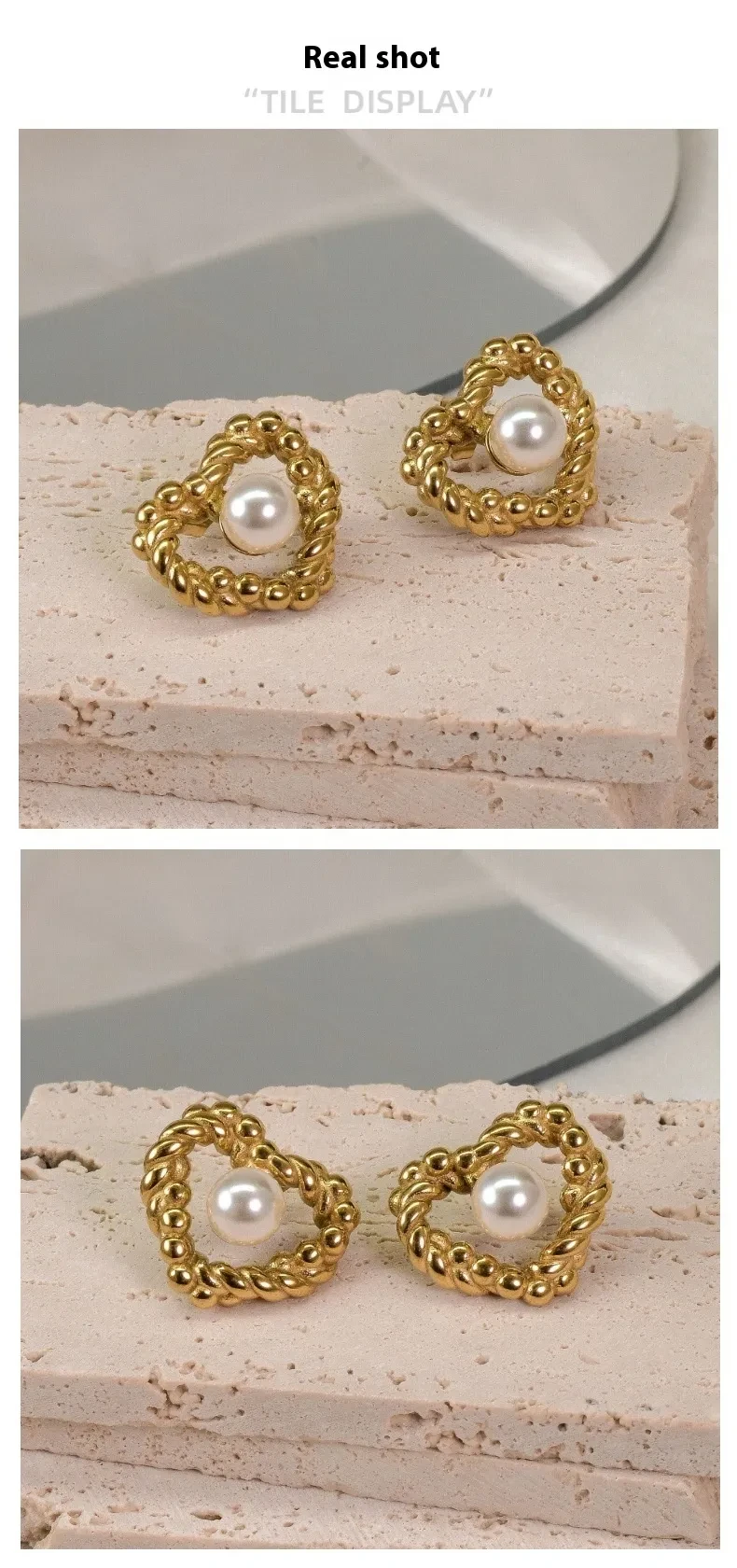 18K Fashion Retro Twist Pearl Heart-shaped Ear Studs