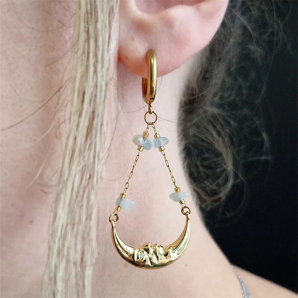 Moon Earrings Pendant Agate Stone Chain