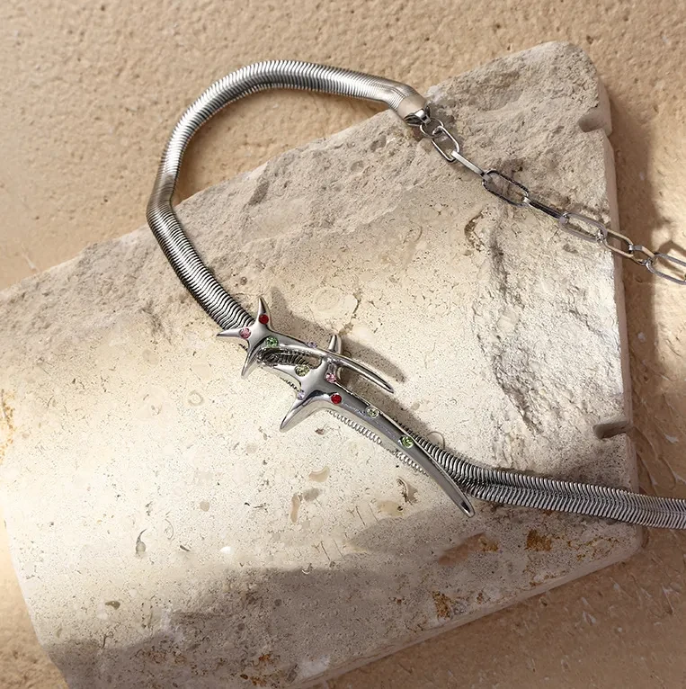 Colored Zirconia Four Star Pendant Necklace