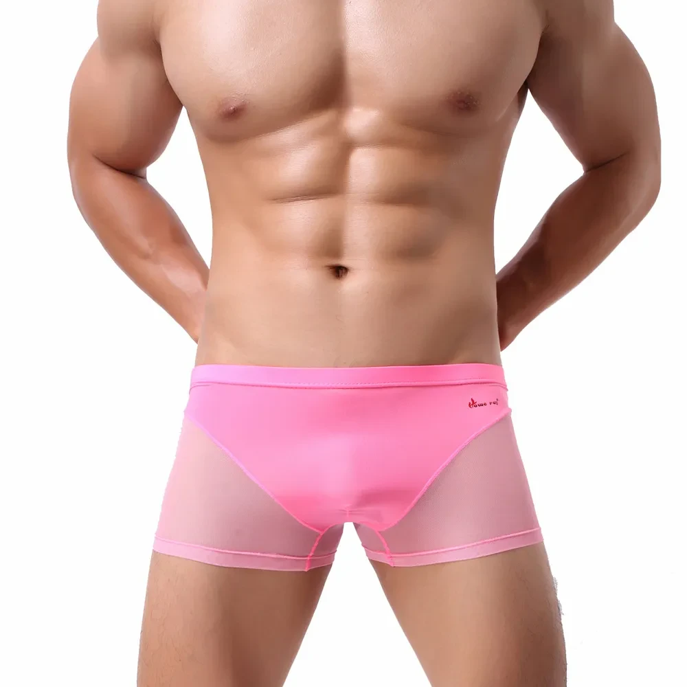 Nude Feel Comfortable Men's Stitching Thin Ice Silk Boxers Pink