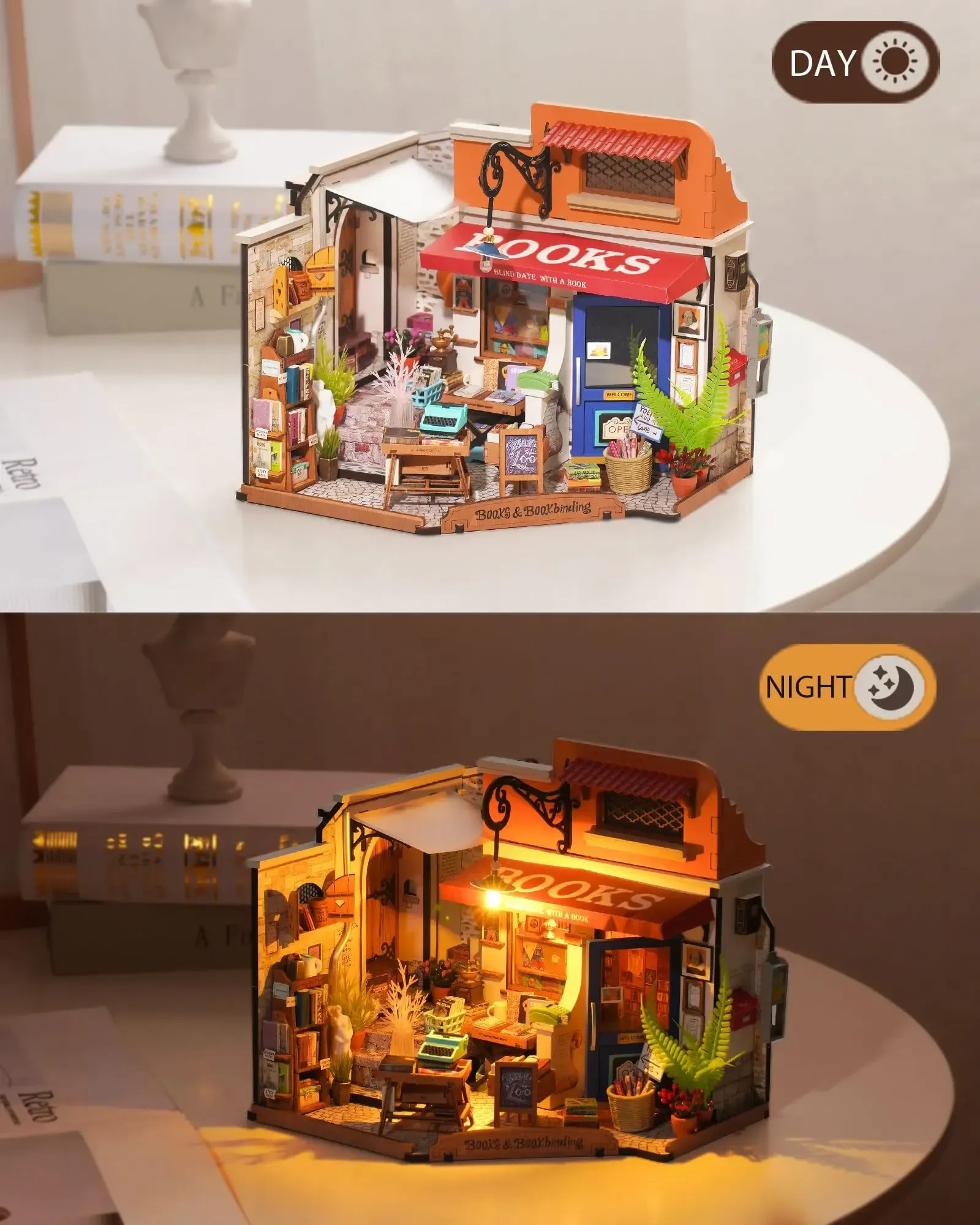 Robotime Rolife Corner Bookstore DIY Miniature House Kit Build Mini House Building Kit With LED Lights Craft Gifts For Kids Girl