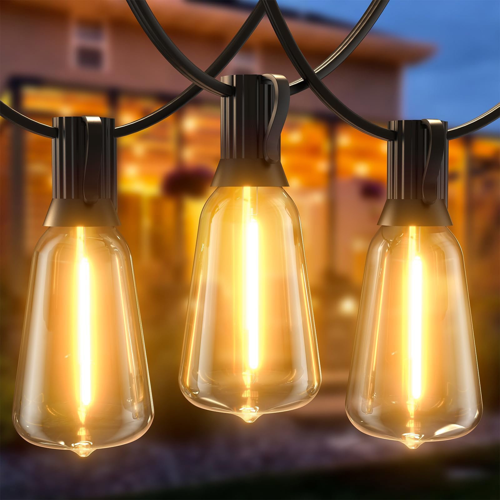 50FT Outdoor String Lights  LED Garden String Lights with Shatterproof ST38 Solar Retro Bulbs, Waterproof, Exterior Pendant Lights for Porch, Backyard, Cafe, Balcony, Bistro