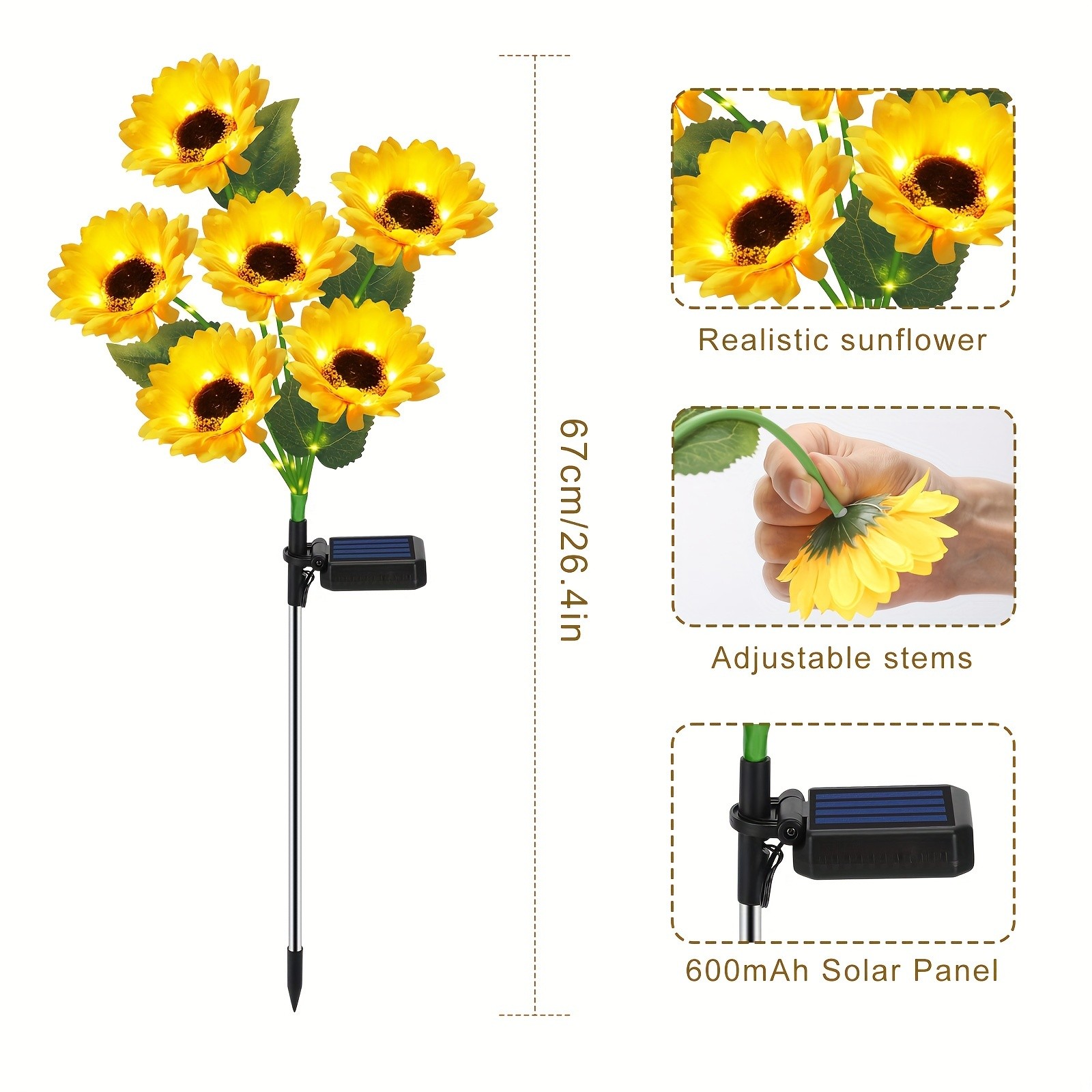 Solar-Powered Sunflower Garden Stakes  2 Packs of 6 LED Sunflower Lights for Outdoor Decorations