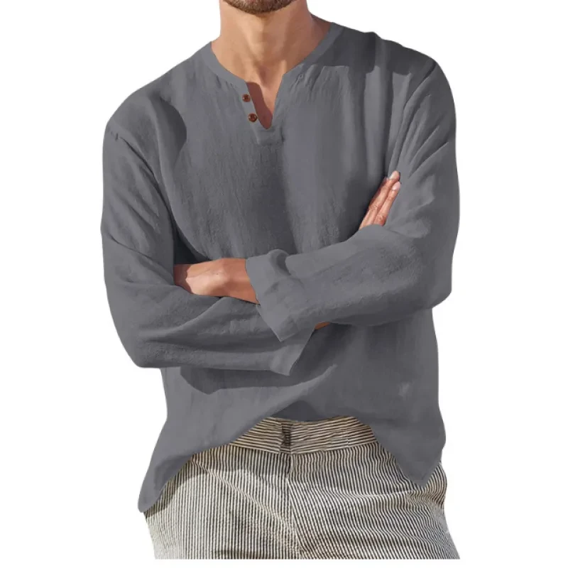 Cotton Linen Men's Long Sleeve V-neck Men's Clothing