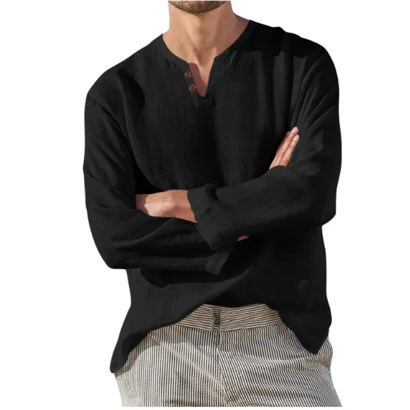 Cotton Linen Men's Long Sleeve V-neck Men's Clothing
