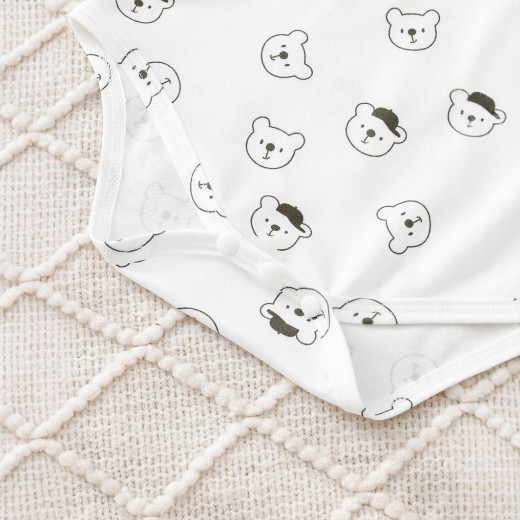 Bear Printed Long Sleeve Round Neck Romper Corduroy Suspender Trousers Suit