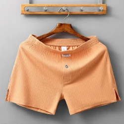 Men's Home Cotton Breathable Comfortable Sports Shorts Solid Color Vertical Pattern Large Size Men's Underwear Beige